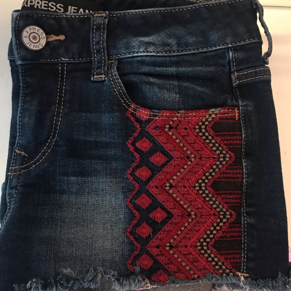 Express Embroidered Denim Aztec Print Shorts